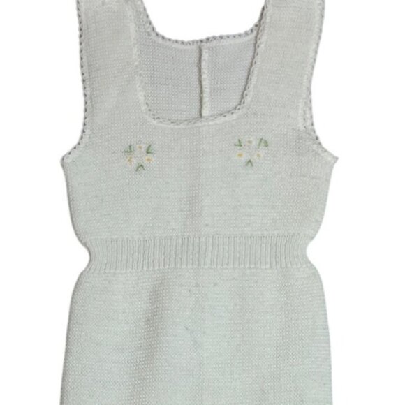 Handmade Baby Knitted White Romper w/ Footies Embroidered Floral Accents 0-3 M - Picture 3 of 4